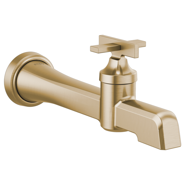 Champagne bronze wall-mount lavatory faucet with single lever handle and curved spout.