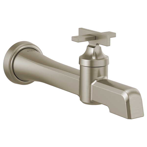 Brushed nickel wall-mount lavatory faucet with single lever handle and rectangular spout.