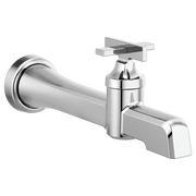 Chrome wall-mount lavatory faucet with single lever handle and curved spout with rectangular outlet.
