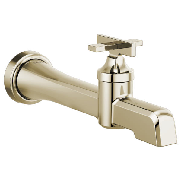 Polished nickel wall-mount faucet with single lever handle and curved spout.