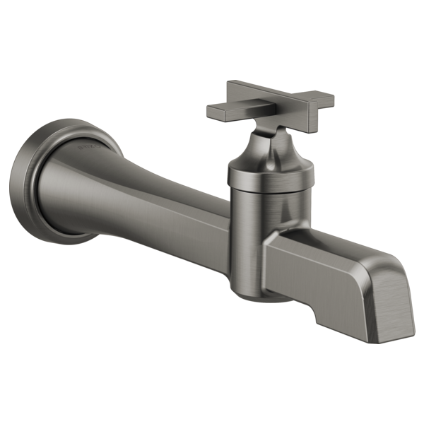 Brushed nickel wall-mount faucet with single lever handle and curved spout with rectangular tub spout.