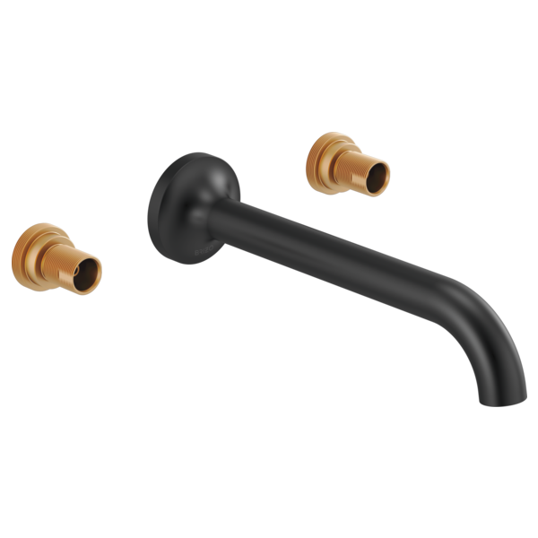 Black wall-mount faucet with curved spout and two bronze valve bodies without handles.