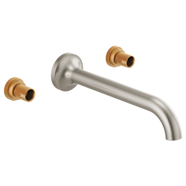 Brushed nickel wall-mount lavatory faucet with curved spout and two brass valve trim rings.