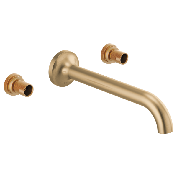 Brizo Odin two-handle wall mount lavatory faucet with curved spout and threaded valve outlets in brushed bronze finish.