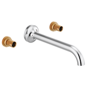 Chrome wall-mount lavatory faucet with curved spout and two bronze handle ports.