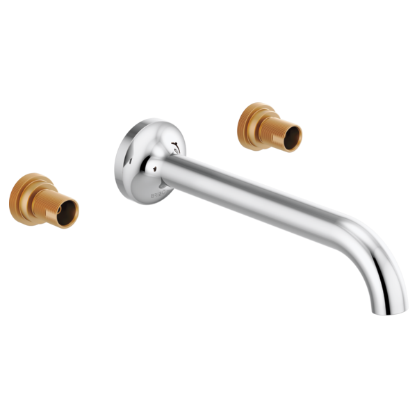 Chrome wall-mount lavatory faucet with curved spout and two bronze handle ports.