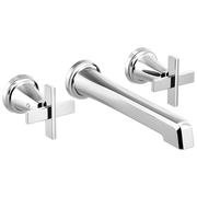Chrome wall-mount faucet with extended spout and two rectangular lever handles on either side.