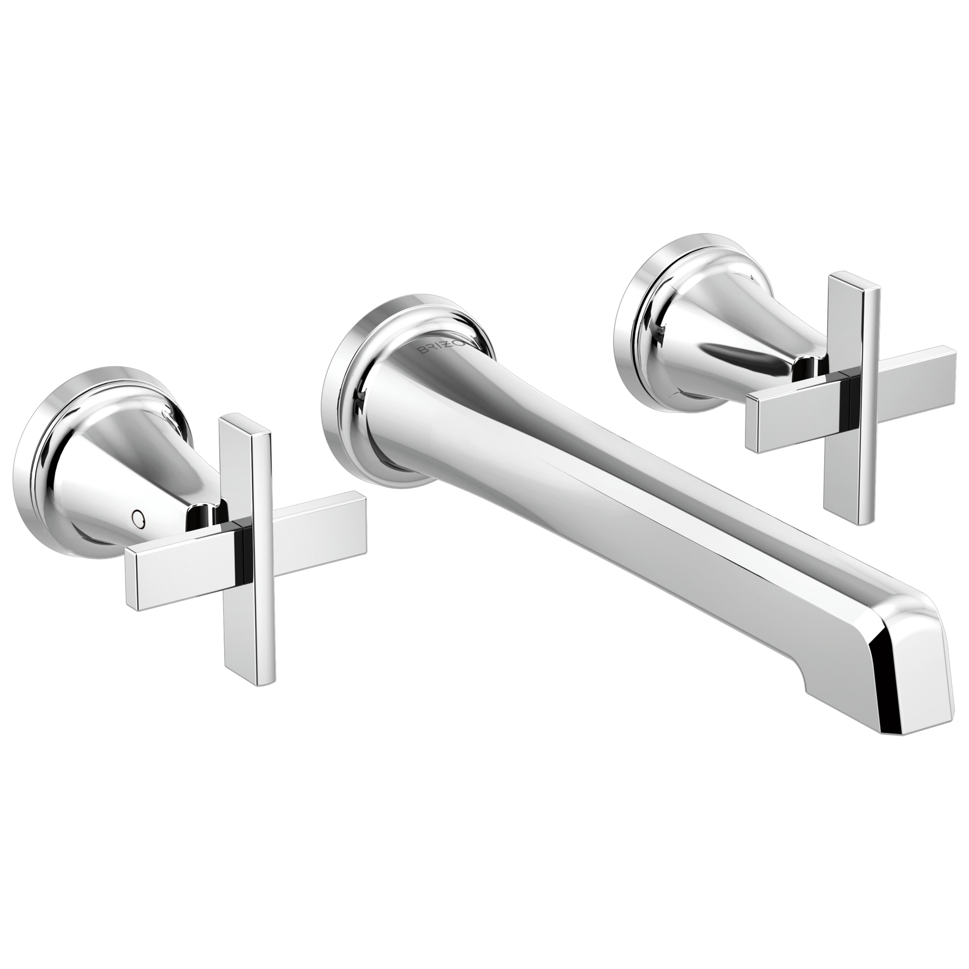 Chrome wall-mount faucet with extended spout and two rectangular lever handles on either side.