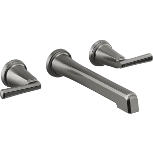 Chrome wall-mounted lavatory faucet with cylindrical spout and two separate lever handles.