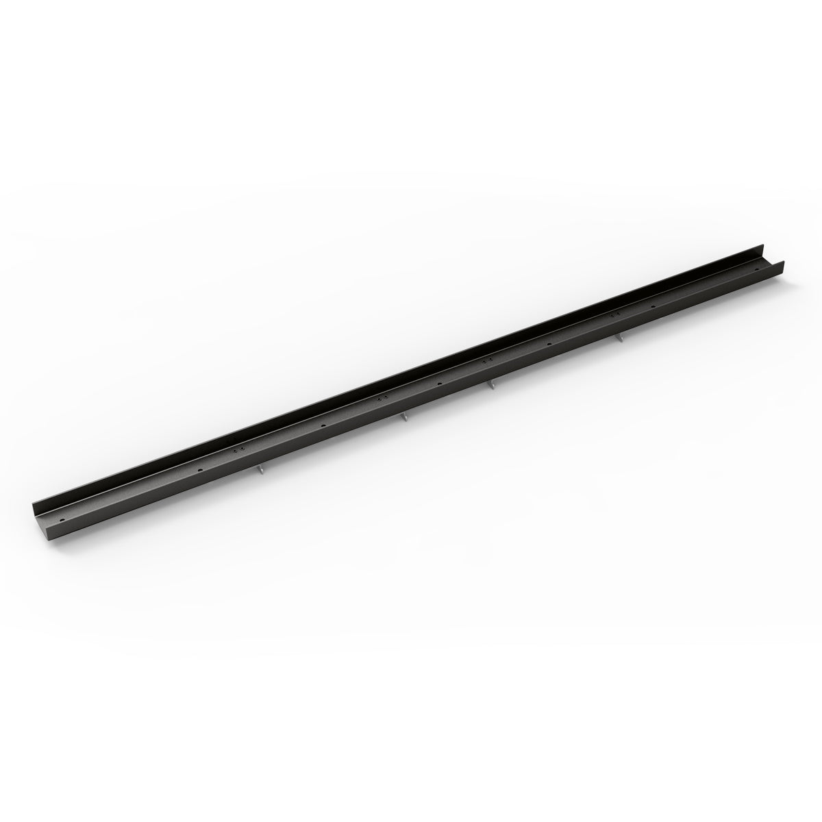 Matte black linear drain frame with raised edges and mounting holes, 48 inches long.