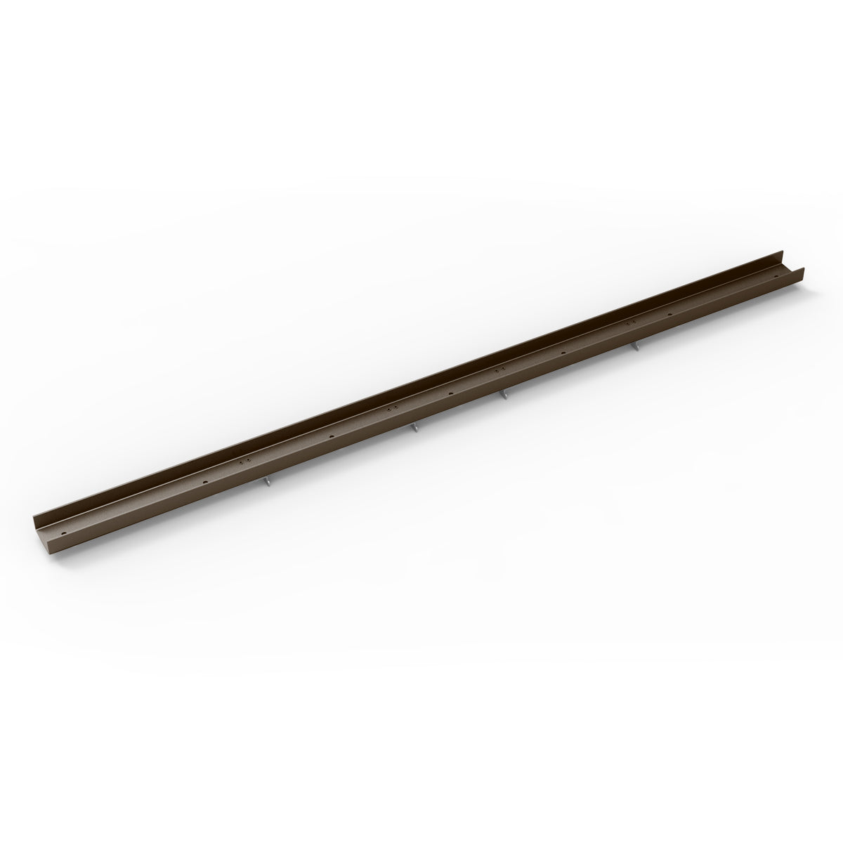 Oil rubbed bronze linear tile insert frame, 60 inches long, with raised edges and mounting holes.