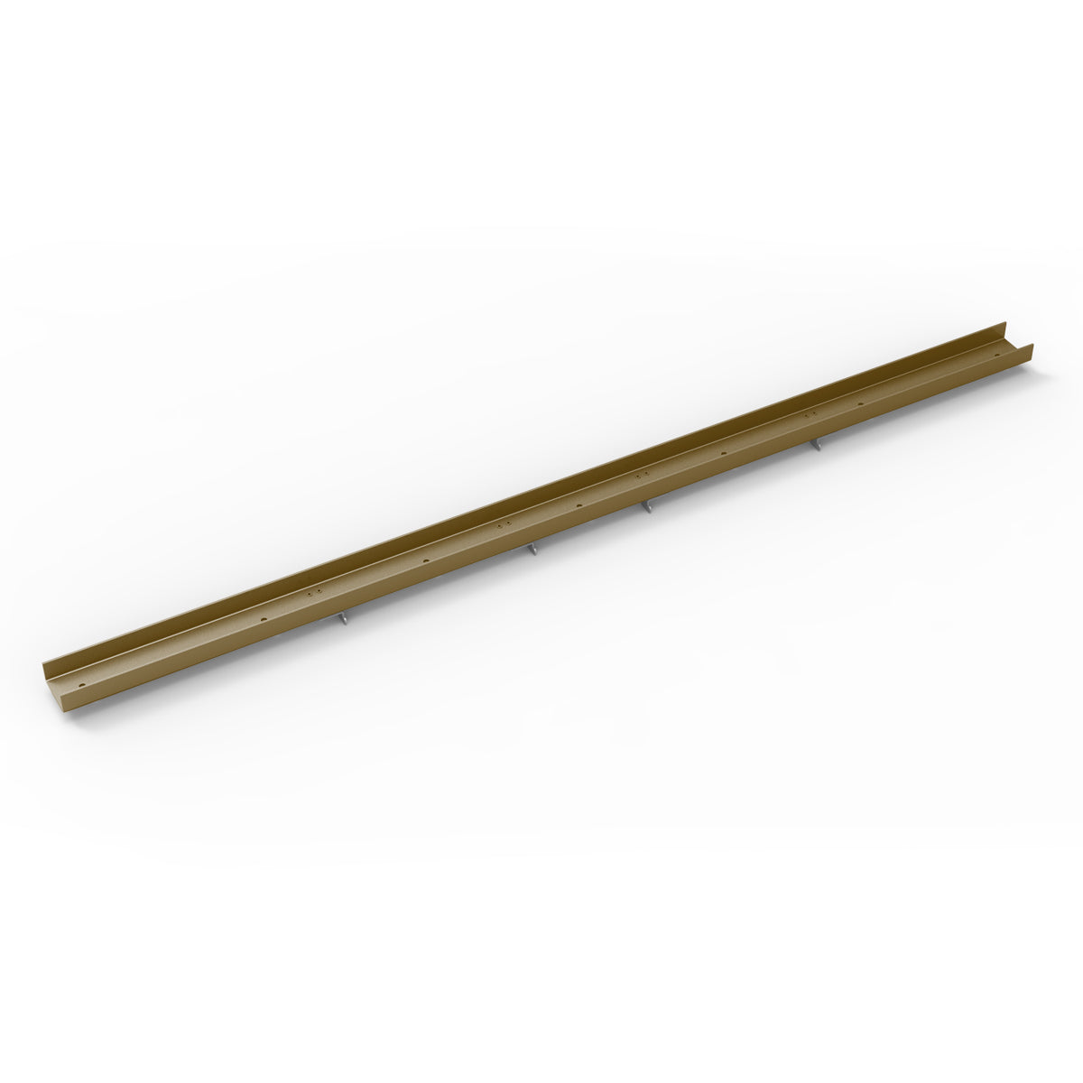 Satin bronze linear tile insert frame with raised edges and mounting points along length.