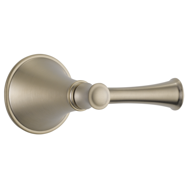 Brushed nickel shower valve trim with circular escutcheon plate and lever handle for volume control.