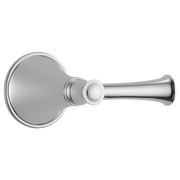Chrome bathroom volume control trim with circular escutcheon plate and tapered lever handle.