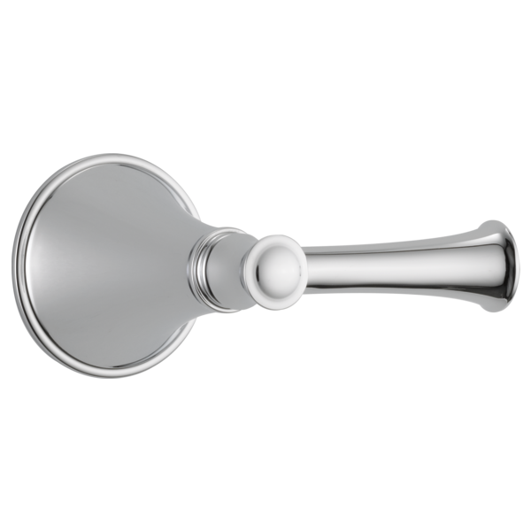 Chrome bathroom volume control trim with circular escutcheon plate and tapered lever handle.