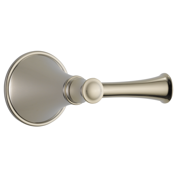 Brushed nickel shower volume control trim with circular escutcheon plate and tapered lever handle.