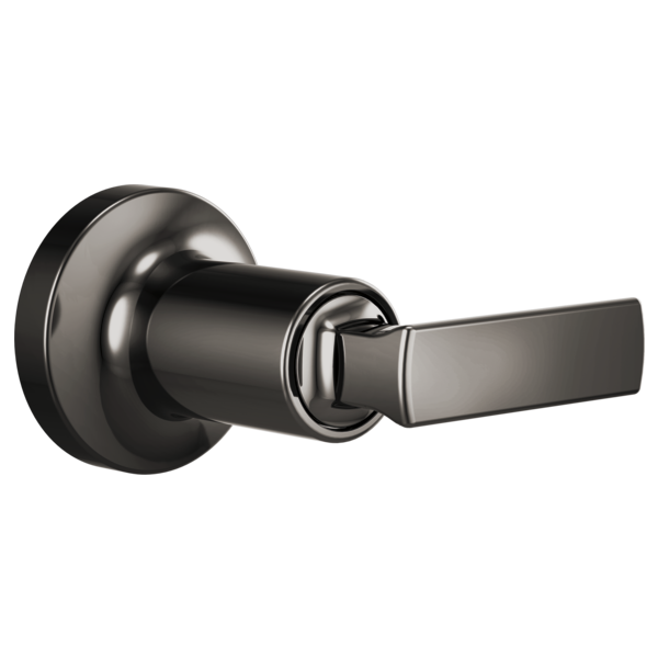 Matte black shower valve trim with round escutcheon plate and flat lever handle.