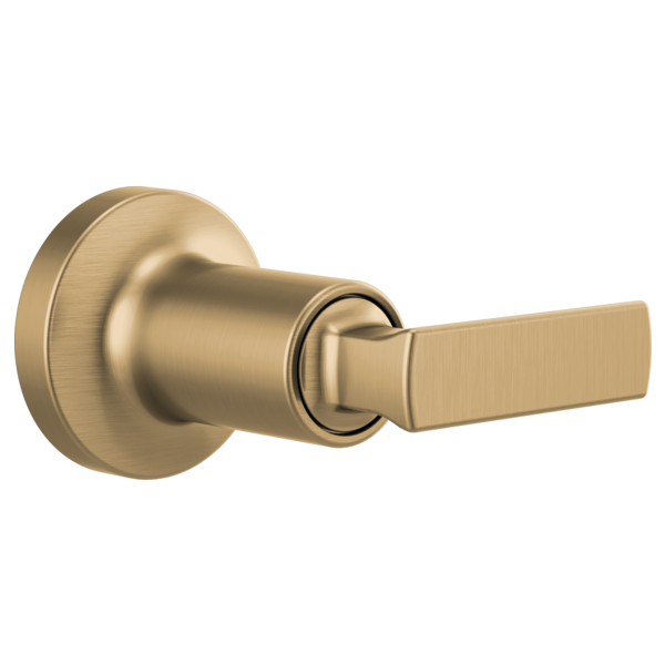 Brushed gold volume control trim with cylindrical body and rectangular lever handle against white background.