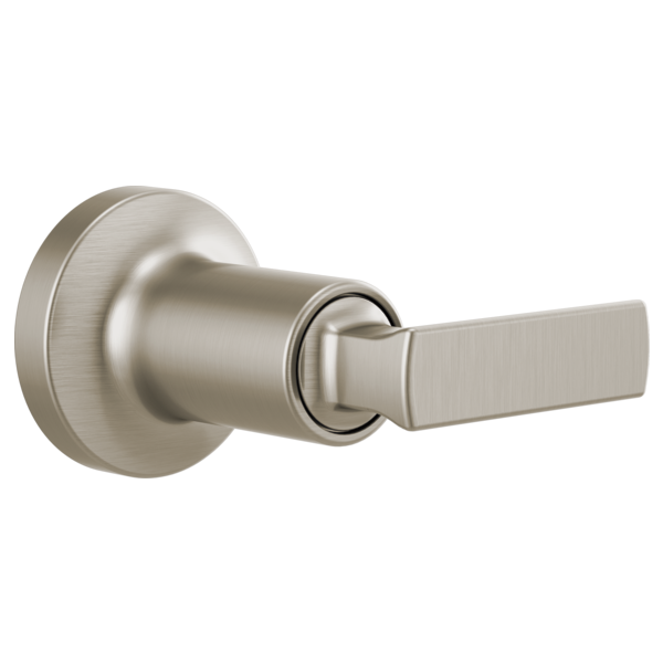 Brushed nickel volume control trim with rectangular lever handle and circular escutcheon plate.