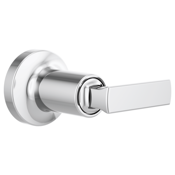 Chrome volume control trim with circular escutcheon plate and rectangular lever handle.
