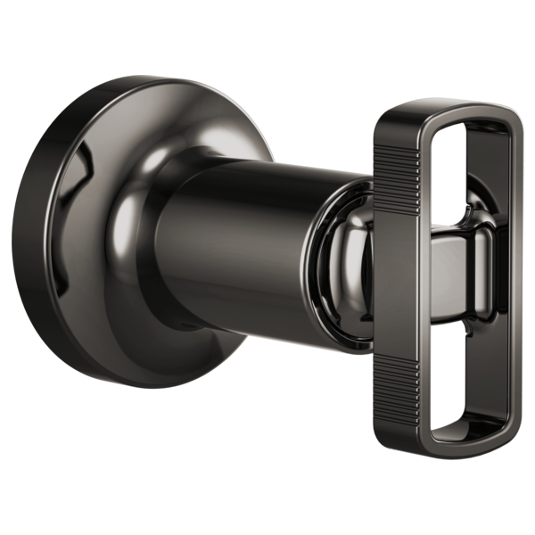 Black matte volume control trim with cylindrical valve body and rectangular knob handle mounted on circular escutcheon plate.
