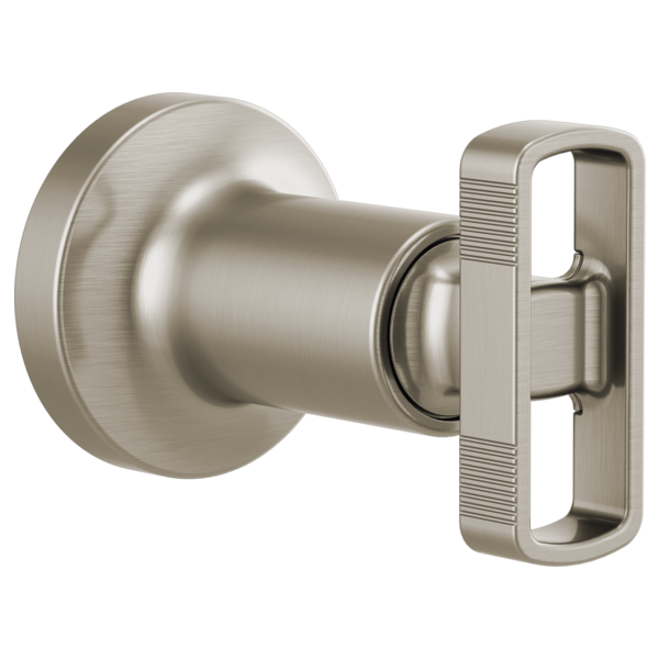 Brushed nickel volume control trim with cylindrical knob handle and circular escutcheon plate.