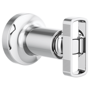 Chrome volume control trim with circular escutcheon and rectangular knob handle for shower or tub.