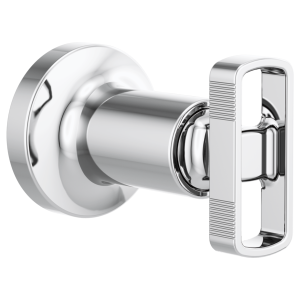Chrome volume control trim with circular escutcheon and rectangular knob handle for shower or tub.