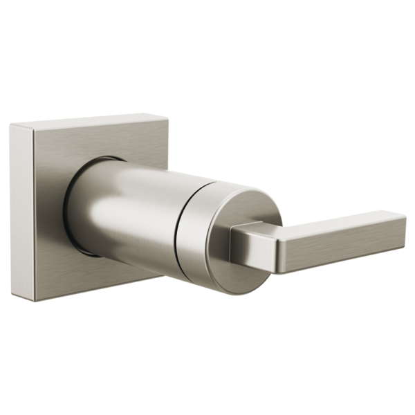 Brushed nickel volume control trim with square backplate and rectangular lever handle.
