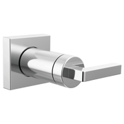 Chrome volume control trim with square backplate and cylindrical body with rectangular lever handle.