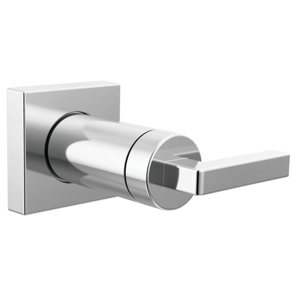 Chrome volume control trim with square backplate and cylindrical body with rectangular lever handle.