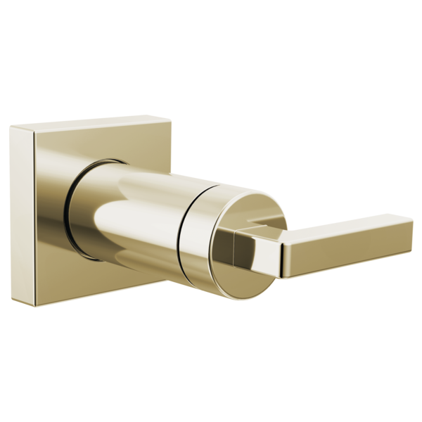 Brushed gold volume control trim with square escutcheon plate and rectangular lever handle.