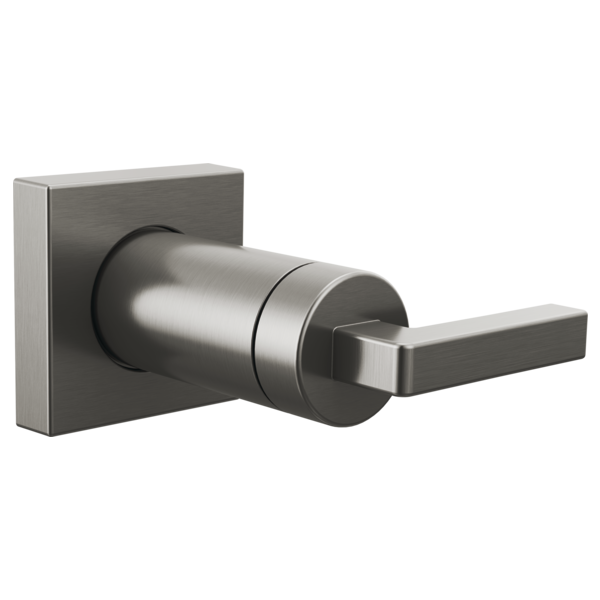 Chrome and gunmetal volume control trim with square backplate and rectangular lever handle for shower or bath.