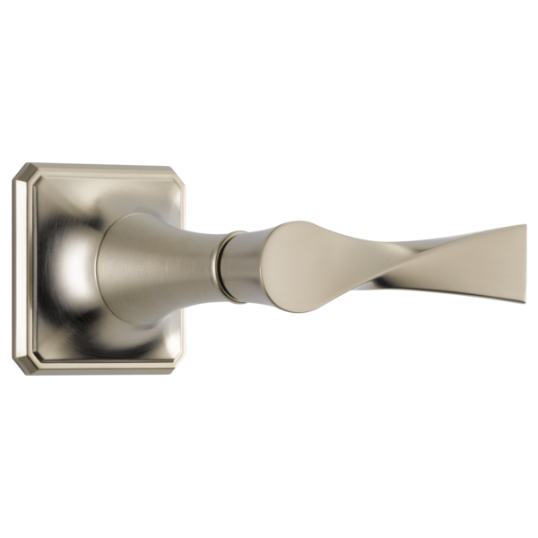Brushed nickel faucet trim with square escutcheon plate and lever handle on white background.