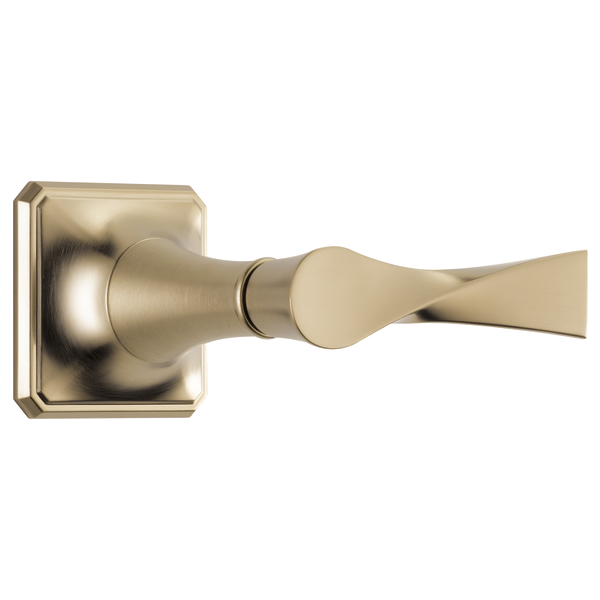 Brushed gold faucet trim with square escutcheon plate and lever handle for volume control.