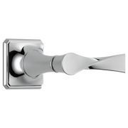 Chrome faucet trim with square escutcheon plate and lever handle for volume control.