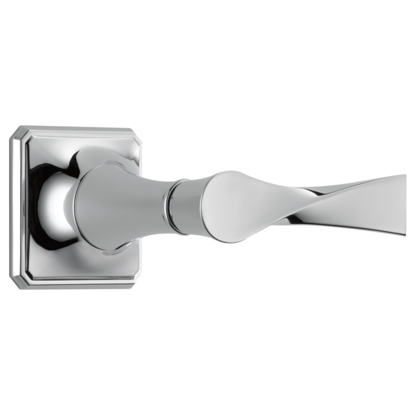 Chrome faucet trim with square escutcheon plate and lever handle for volume control.