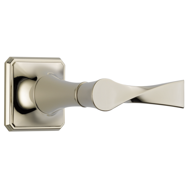 Polished nickel volume control trim with squared backplate and curved lever handle.