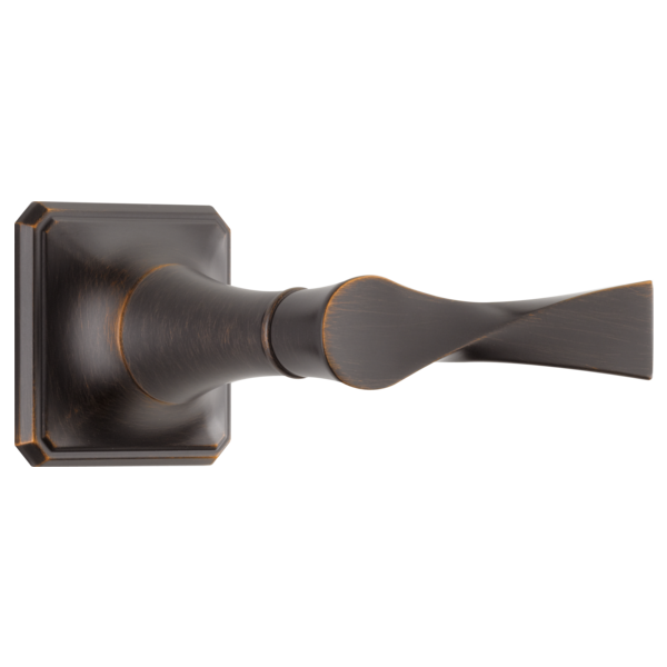 Oil-rubbed bronze faucet trim with lever handle and square backing plate mounted on white background.