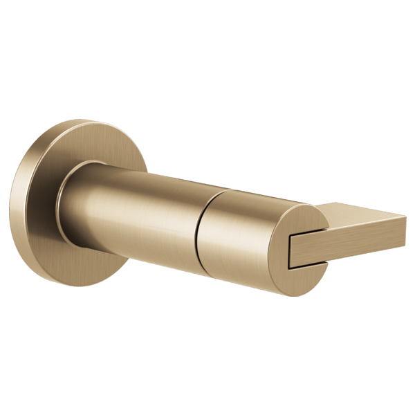 Champagne bronze faucet trim with cylindrical body, circular mounting plate, and lever handle.