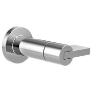 Chrome faucet trim with cylindrical body, circular mounting plate, and rectangular lever handle.