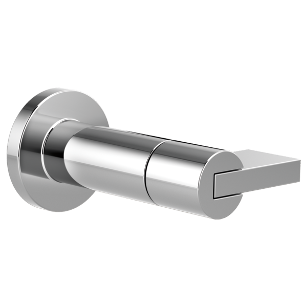 Chrome faucet trim with cylindrical body, circular mounting plate, and rectangular lever handle.