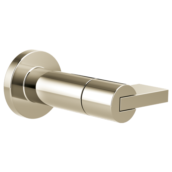 Chrome finish lever handle volume control trim with cylindrical body and circular backplate.