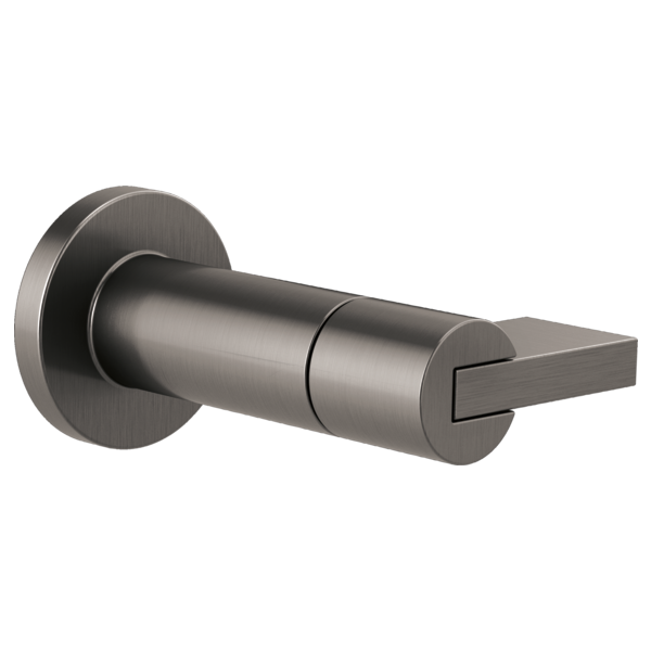 Gunmetal volume control trim with cylindrical body, circular mounting plate, and lever handle.