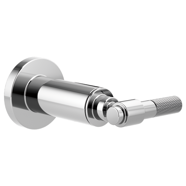 Chrome volume control trim with cylindrical body, circular wall plate, and textured T-lever handle.