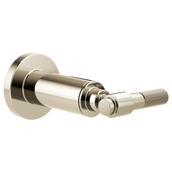 Polished nickel wall-mounted faucet trim with cylindrical body and T-shaped lever handle with knurled grip.