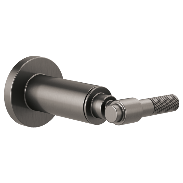 Gunmetal grey wall-mounted faucet trim with cylindrical spout and textured T-lever handle.