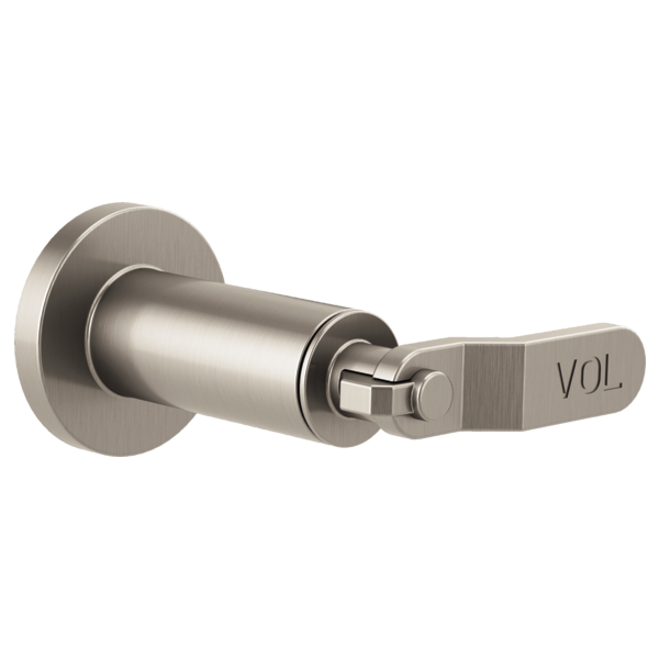 Brushed nickel shower volume control trim with industrial lever handle labeled "VOL." and round mounting plate.