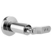 Chrome volume control trim with industrial lever handle and circular escutcheon plate.