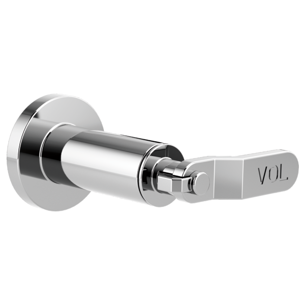 Chrome volume control trim with industrial lever handle and circular escutcheon plate.